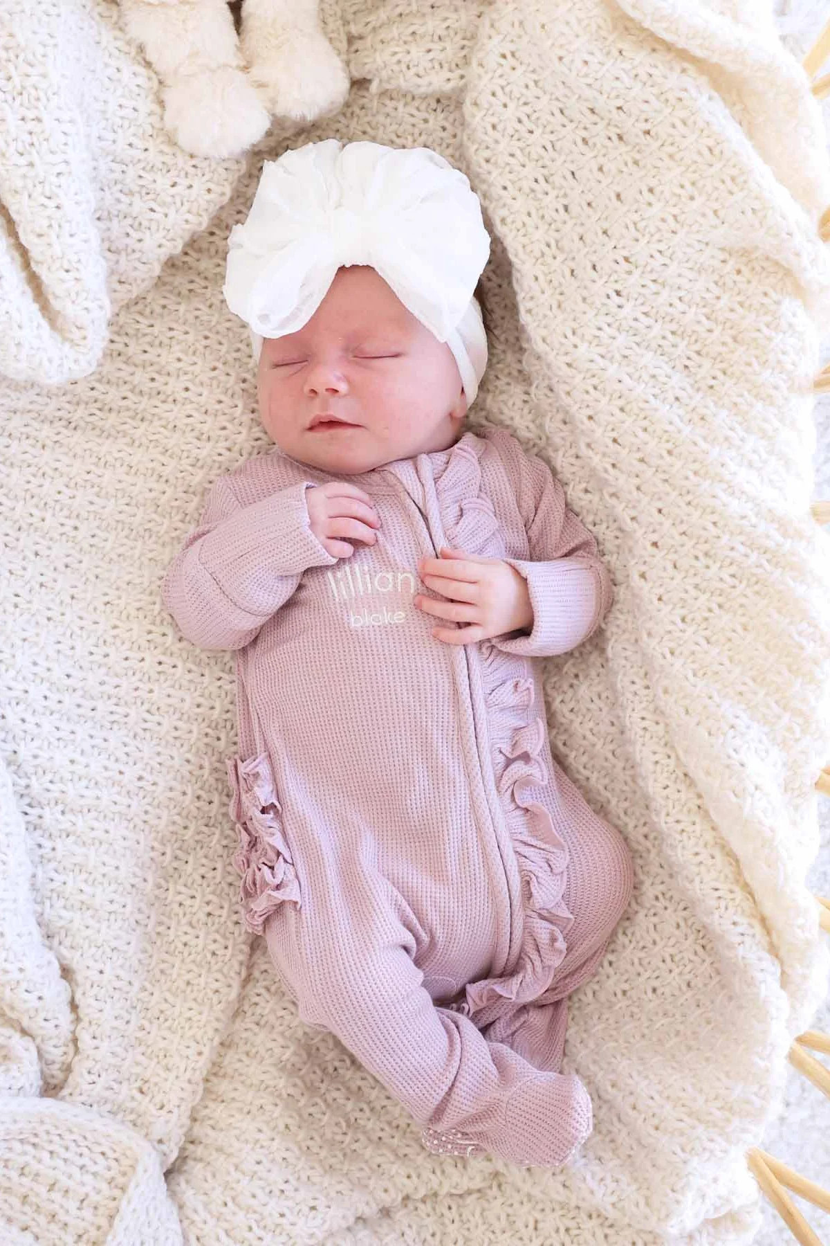Embroidered Bamboo Waffle Zipper Ruffle Footie | Elderberry | Caden Lane