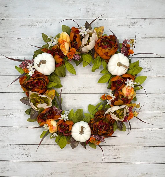 Fall Peony Wreath Peony and White Pumpkin Wreath Peony - Etsy | Etsy (US)