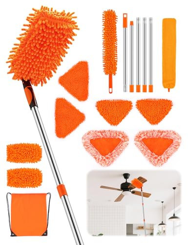 Feeloco Ceiling Fan Cleaner Duster with 76" Extendable Long Handle,180° Wall Mop Cleaner for Walls/Ceiling Fans/Dust/Baseboard/Floors/Blade Blinds/dDoors Clean,Feather Duster Cleaning Kit | Amazon (US)