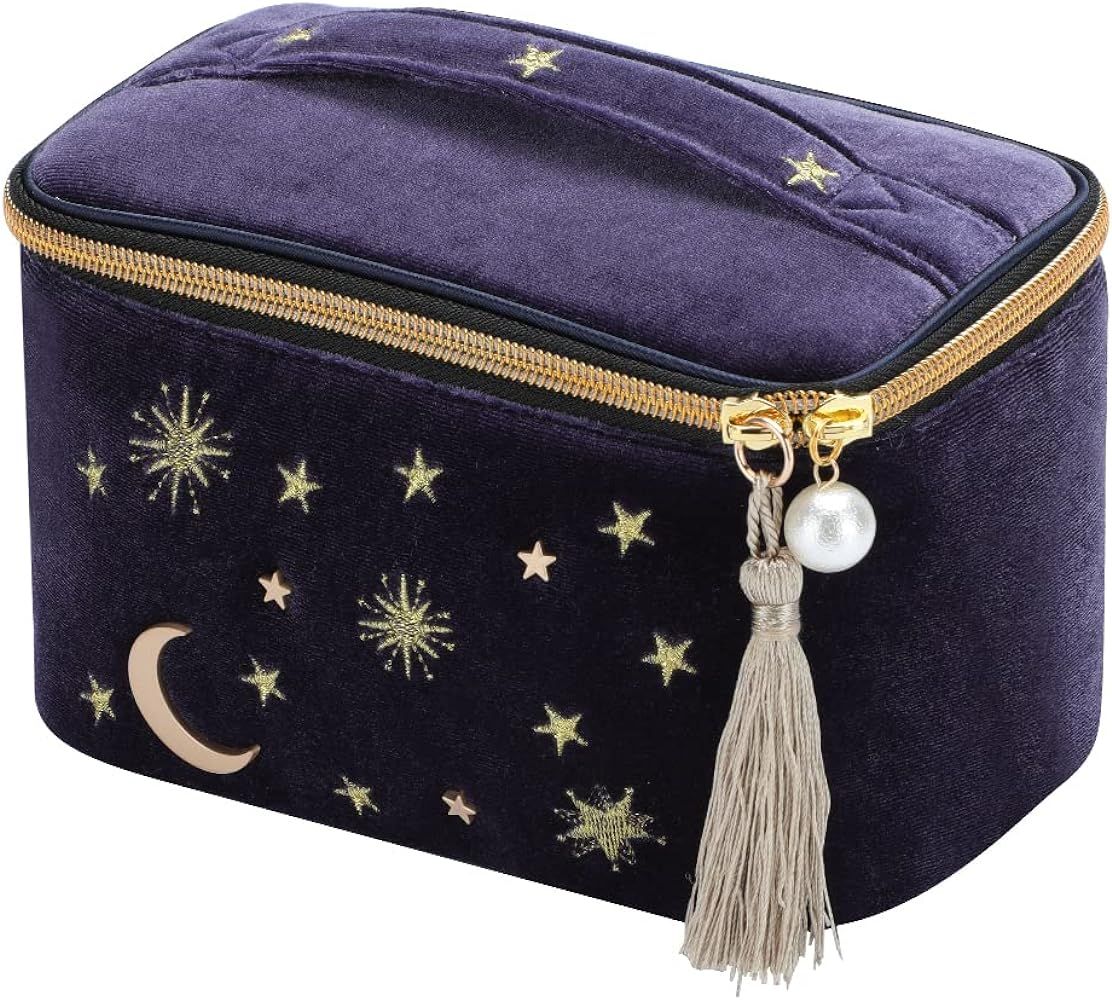 Handy cosmetic makeup bag,square Navy Velvet Embroidered Applique Moon Stars Sun Cosmetic Bag,Hig... | Amazon (US)