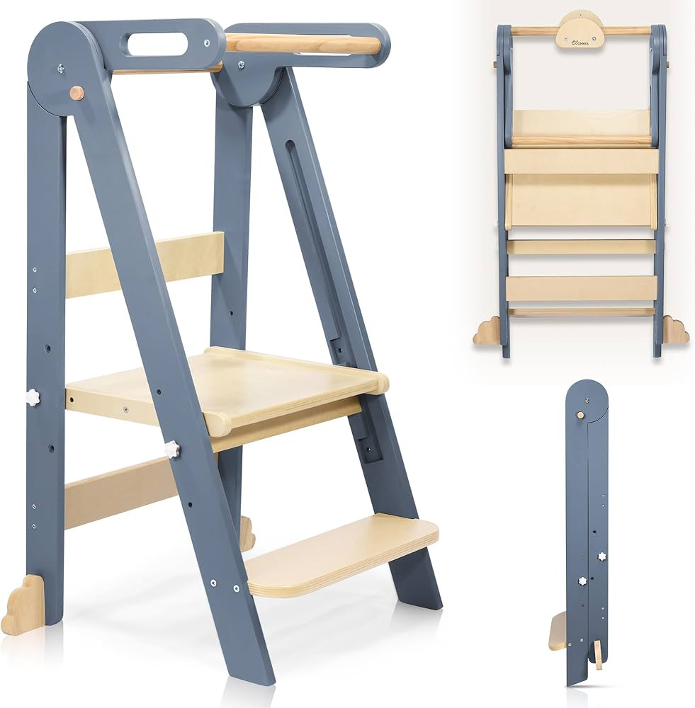 Foldable Toddler Kitchen Wood Step Stool with Hook, Pre-Assembled Wooden Folding Montessori Learn... | Amazon (US)