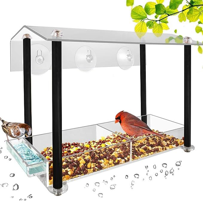 HHXRISE Acrylic Window Bird Feeder, Large Size with Suction Cups & Seed Tray, Creative Water Sink... | Amazon (US)