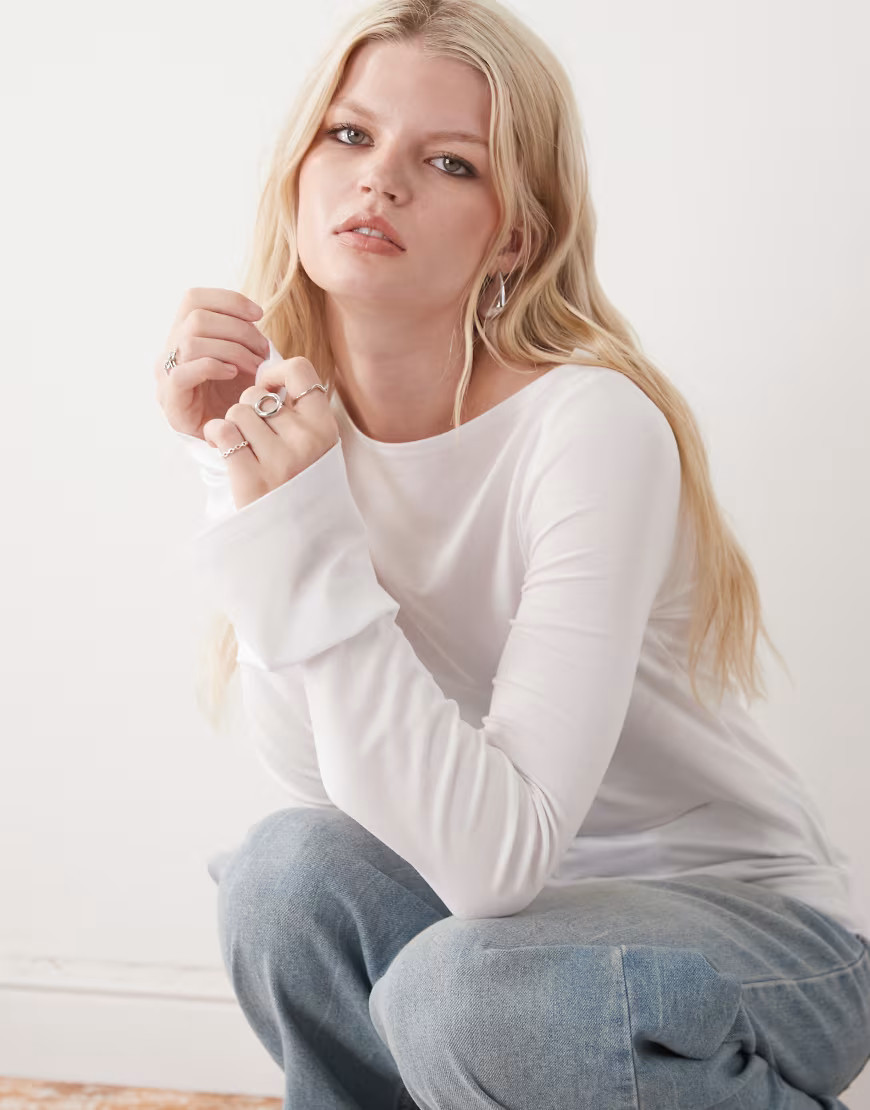 Weekday Annie super soft long sleeve boat neck top in white - Exclusive to ASOS | ASOS (Global)