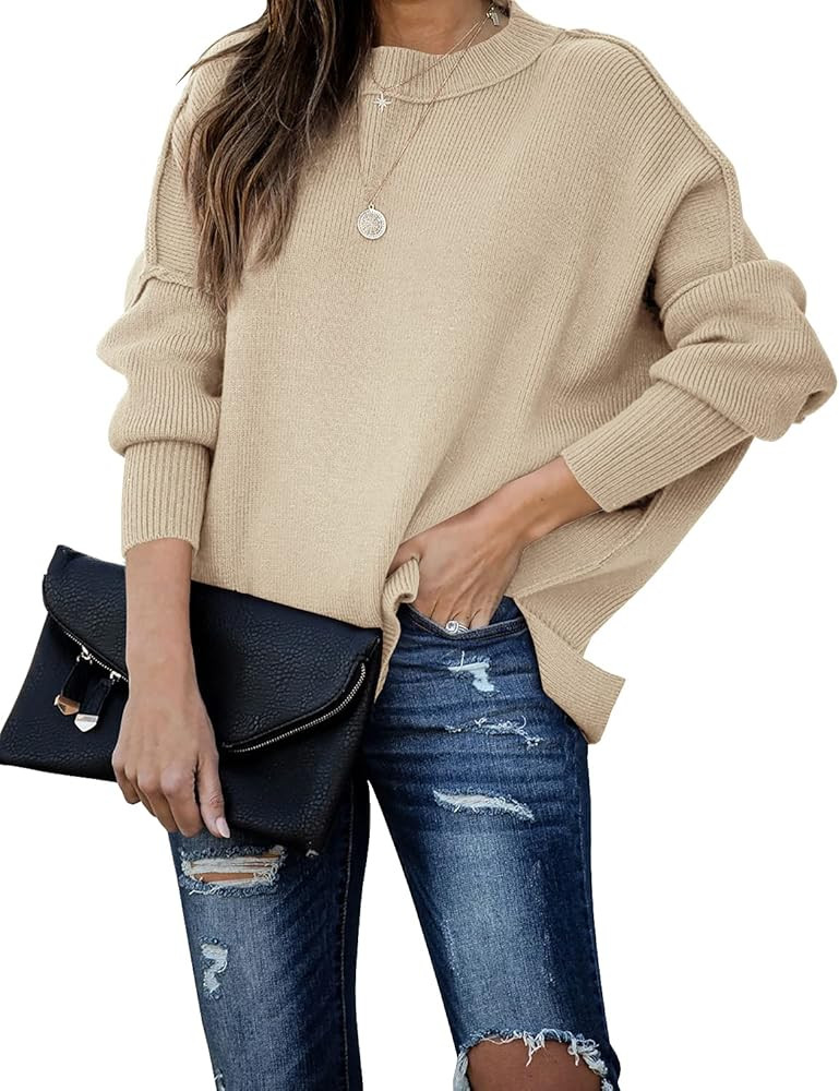 SERAIH Womens Batwing Sleeve Pullover Loose Side Split Oversized Solid Sweaters Drop Shoulder Slouch | Amazon (US)