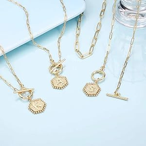 Layered Gold Initial Necklaces for Women, 14K Gold Plated Paperclip Link Chain Necklace Hexagon L... | Amazon (US)
