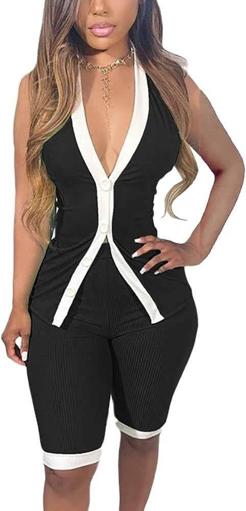 acelyn Womens 2 Piece Outfits Ribbed Halter V Neck Vest Button Down Sleeveless Tops Shorts Sets S... | Amazon (US)