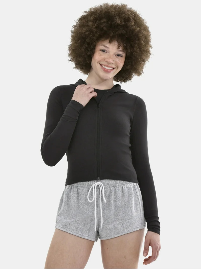 No Boundaries Women's Stretch Cotton Rib Fitted Zip Hoodie, Sizes XS-3XL | Walmart (US)