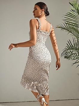 Milumia Women's Polka Dots Shirred Frill Sleeveless Ruffle Hem Bodycon Midi Dress | Amazon (US)
