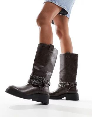 Bershka buckle detail calf length boots in brown | ASOS (Global)