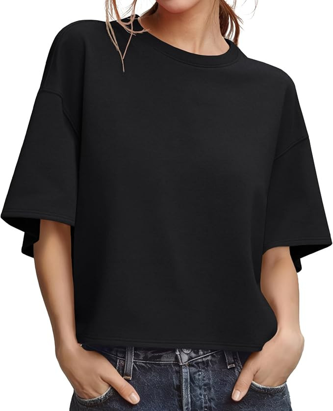 Womens Oversized T Shirts Summer Short Sleeve Cropped Tops Workout Crewneck Causal Tee | Amazon (US)