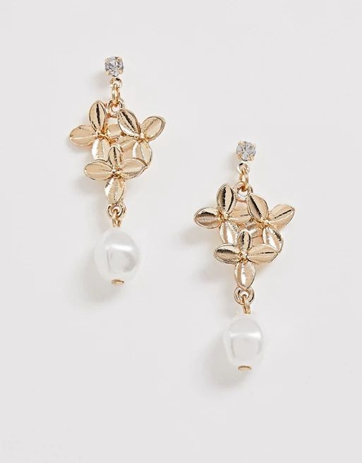 ASOS DESIGN earrings in floral design with mini pearl drop in gold tone | ASOS US