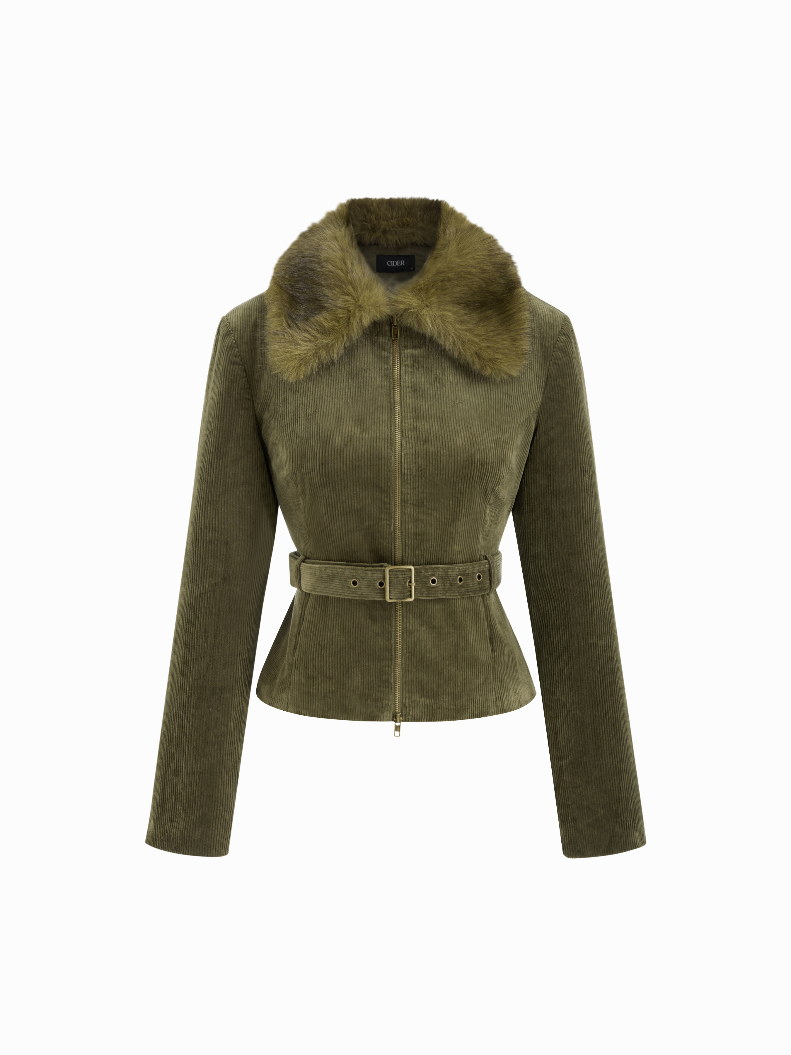 Corduroy Corduroy Faux Fur Trim Collar Jacket With Belt For Daily Casual | Cider