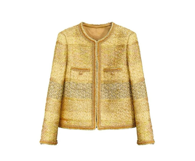 Handmade Tweed Boucle Metallic/golden Jacket Size Xl(uk14-16) - Etsy | Etsy (US)