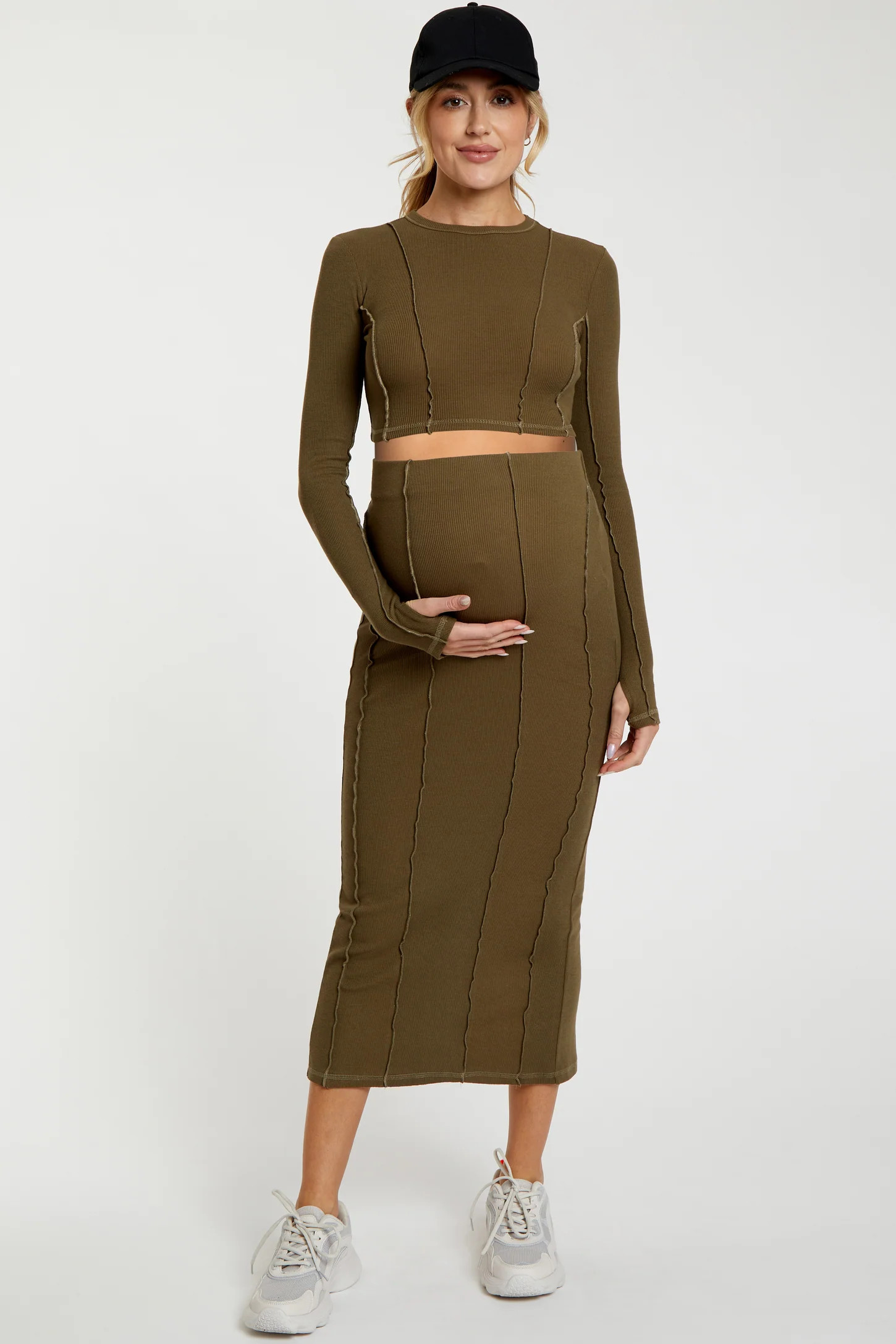 Olive Exposed Seams Top and Skirt Maternity Set | PinkBlush Maternity