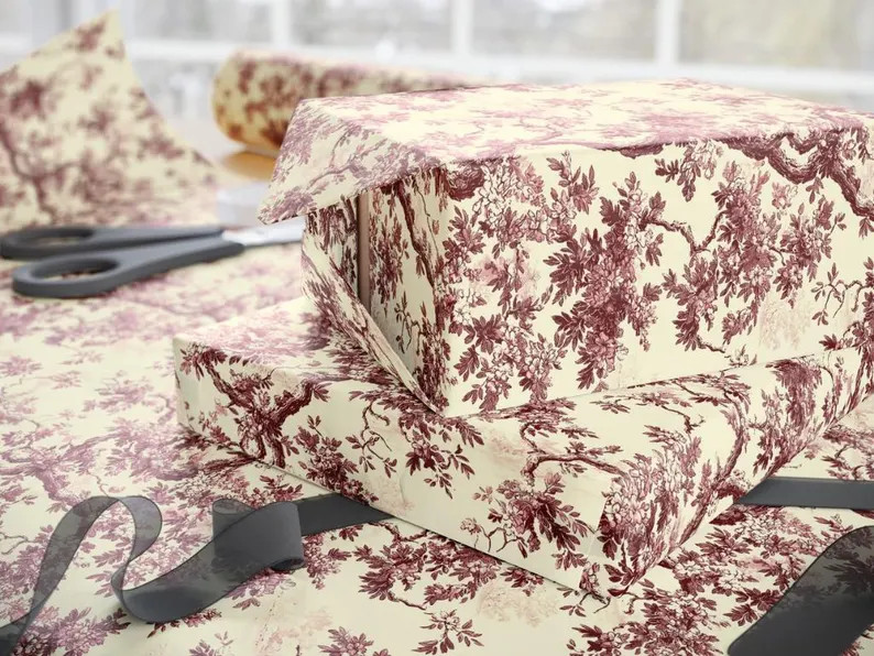 Rollo de papel de regalo Toile de Jouy burdeos, papel de regalo navideño estilo Cottagecore, dec... | Etsy (US)