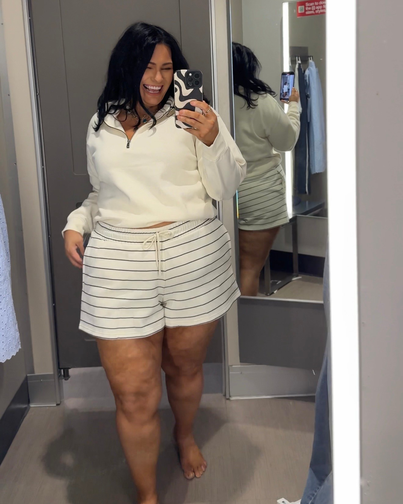 Great little set. There was a matching patterned sweater but I really love it with the solid. Very comfortable lounge set with shorts and 1/4 zip sweatshirt. Cream and navy blue stripes I sized down in the top to a Large, typically XL. Shorts are also XL and I’m in a 16 between XL/XXL. I have thick thighs and the shorts were roomie and comfortable length! 

#LTKPlusSize #LTKActive #LTKMidsize
