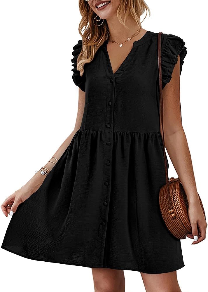 KIRUNDO Summer Dresses for Women Button Down V Neck Sleeveless Mini Dress Ruffle Solid Color Tuni... | Amazon (US)