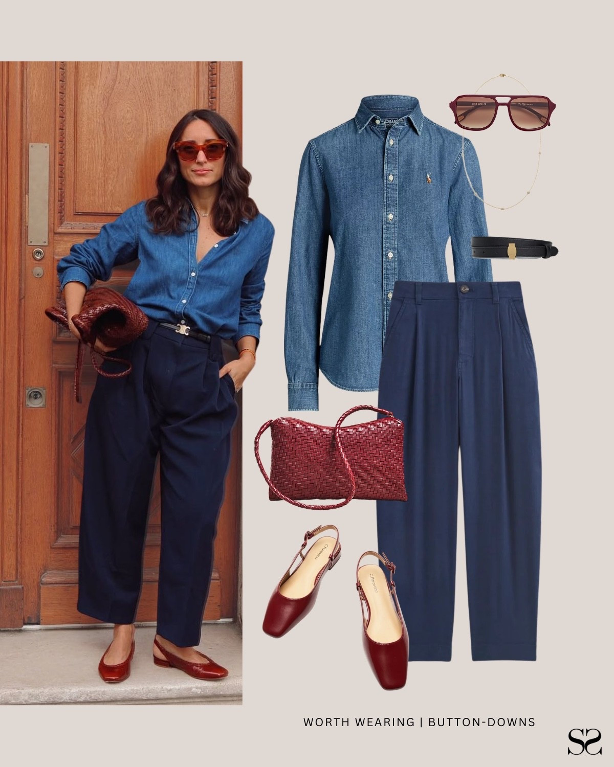 Chambray button-down shirt outfit for Spring! Tucked into navy pleated trousers with a burgundy woven bag and slingback flats. The most casual version of this shirt styled into something polished.

Chambray button-down shirt, navy pleated trousers, burgundy woven bag, burgundy slingback flats, black belt

#LTKootd #LTKSeasonal #LTKgrwm