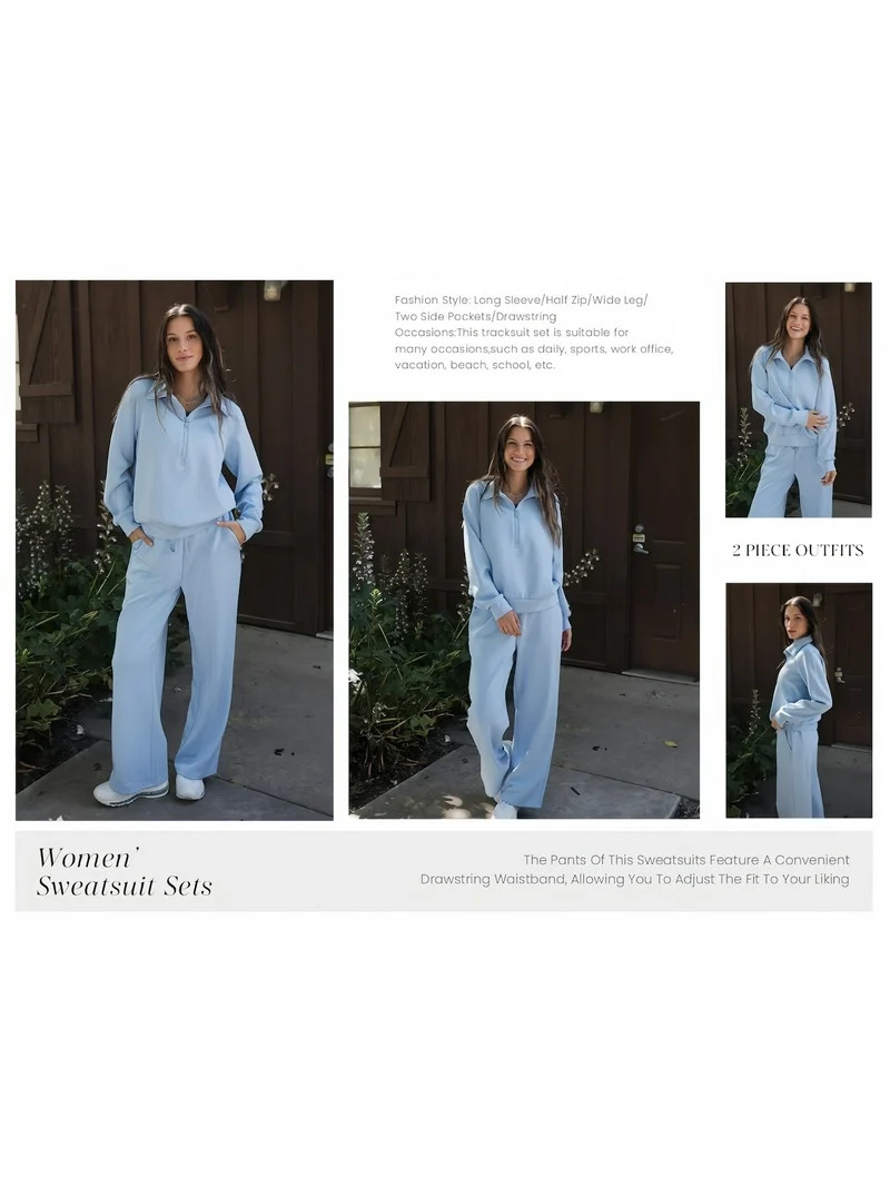 PRETTYGARDEN Women's 2 Piece Outfits Casual Lapel Half Zip Sweatshirts And Wide Leg Pants Tracksu... | Walmart (US)