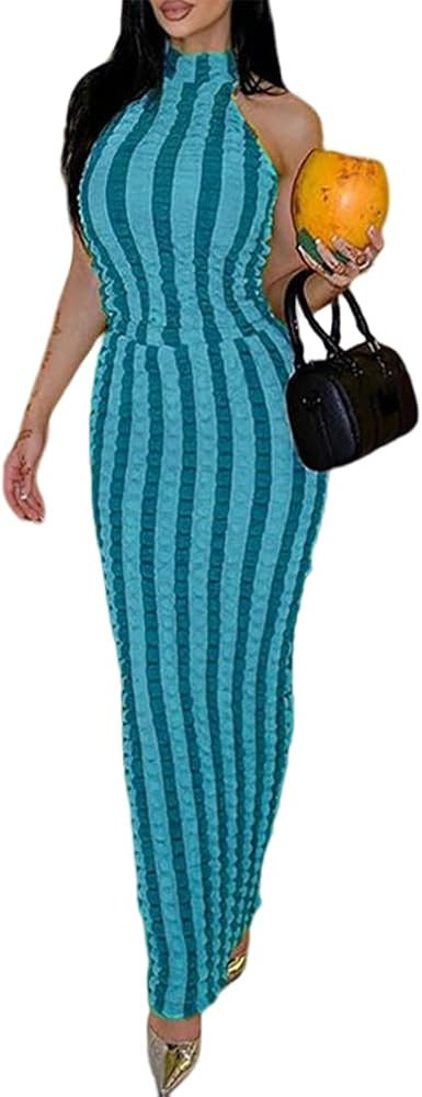 ThusFar Women Sexy Sleeveless Halter Neck Beach Bodycon Long Dress Casual Printed Backless Tight ... | Amazon (US)