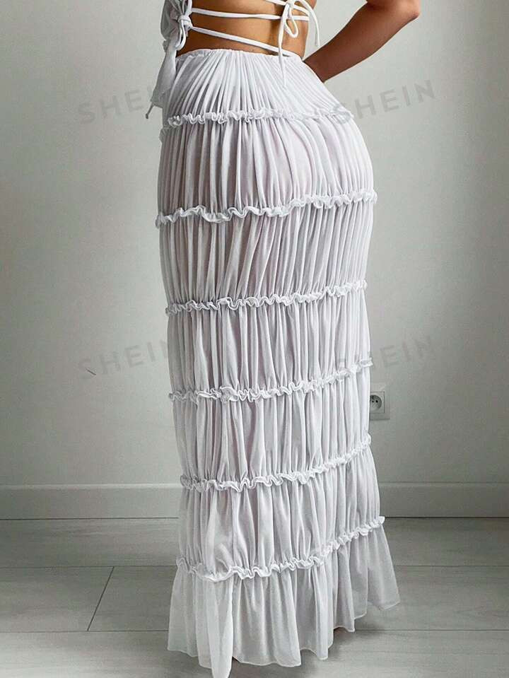 SHEIN Swim Summer Beach Solid Color Pleated Cover Up Skirt | SHEIN USA | SHEIN