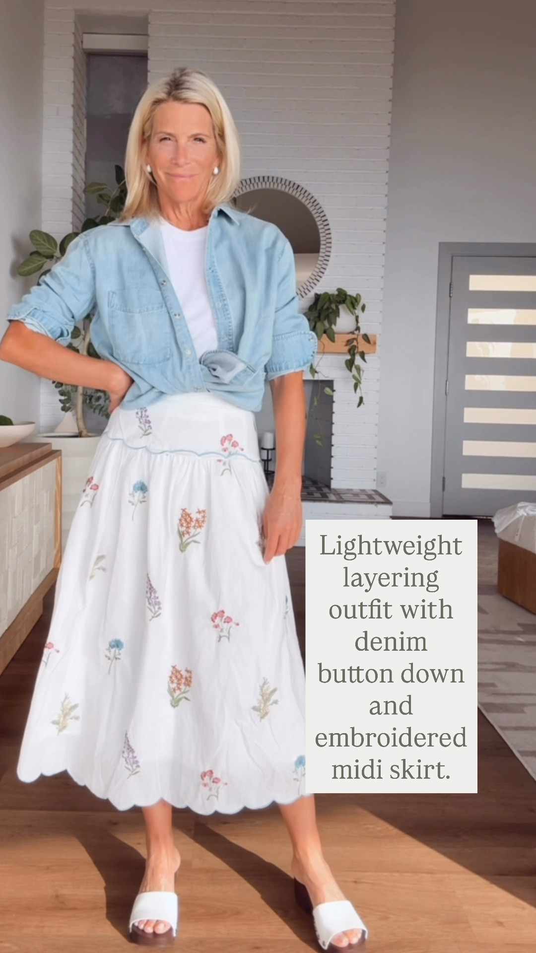 Denim shirt layered over white embroidered skirt for effortless summer outfit.

#LTKOver40 #LTKootd