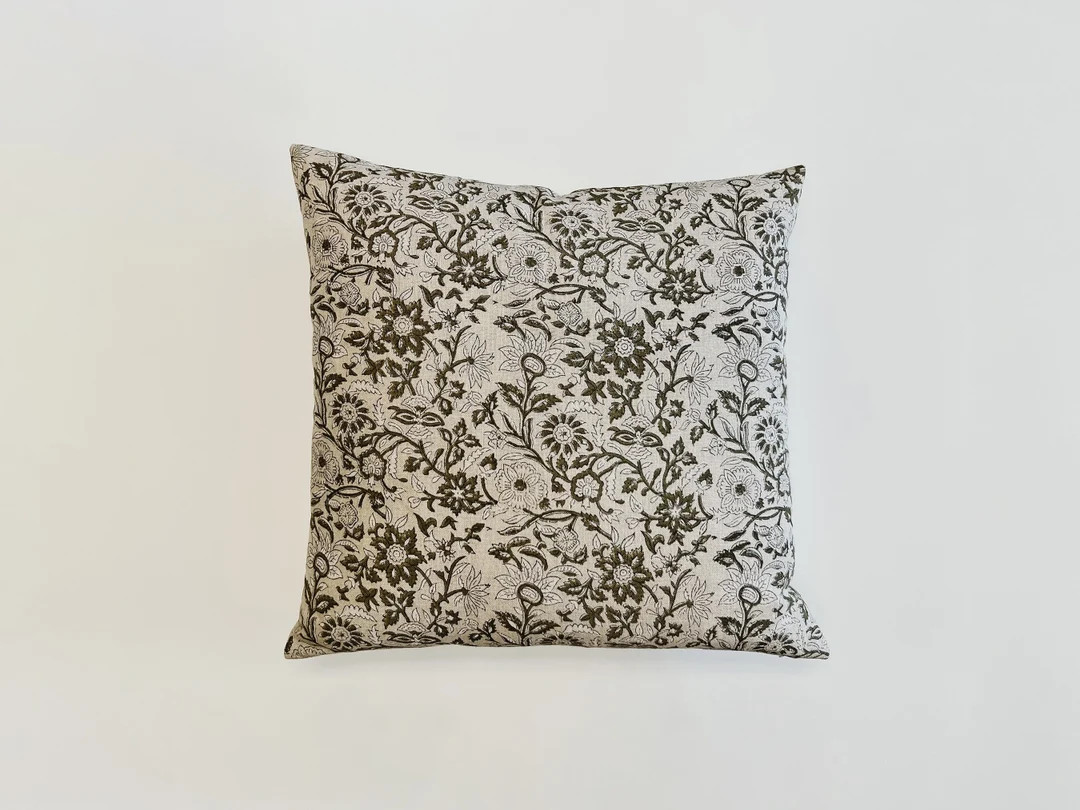 Green floral pillow, green block print pillow, earthy pillow cover, floral pillow cover, block pr... | Etsy (US)