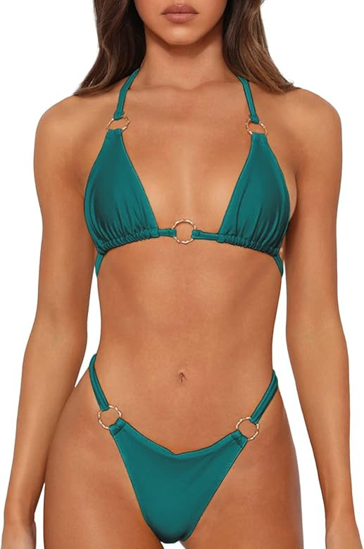 Sexy Bikinis for Women 2 Piece Bikini Spaghetti Strap Swimsuits Solid Color Bathing Swimwear Tria... | Amazon (US)