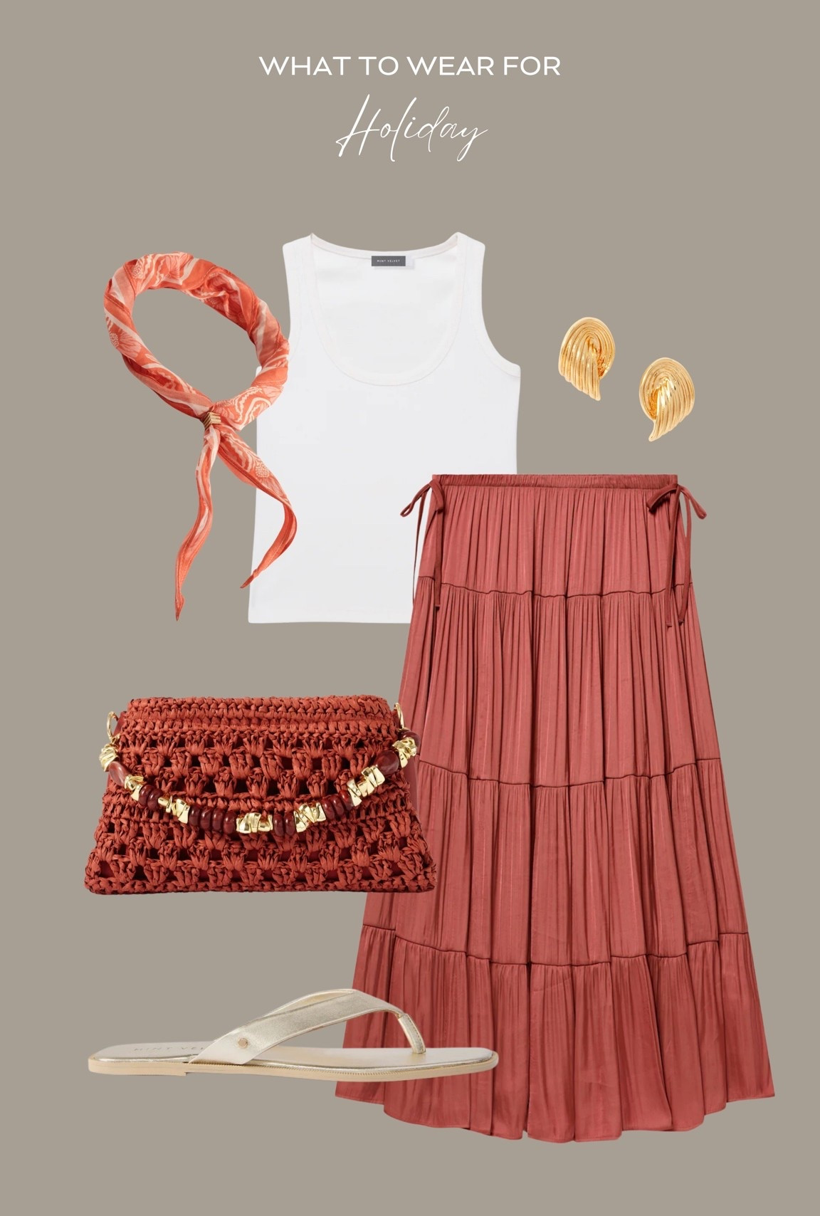 Holiday outfit inspo ☀️ 

Mint velvet, mini skirt, white tank, pleated skirts, orange outfit, straw clutch bag, vacation style, sandals

#LTKsummer