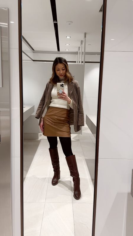 Winter workwear outfits with faux leather mini from Ever New and Houndstooth Blazer from SHEIN, with knee high boots from Naturalizer 

#LTKworkwear #LTKSeasonal #LTKsalealert