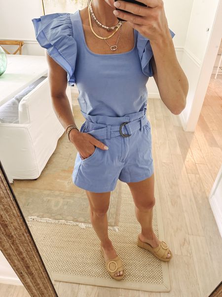 Loving the periwinkle color of these $20 high waisted belted shorts and $15 ruffle sleeve top. Target finds 
Summer shorts 
Vacation outfit 
Casual weekend outfit 
Matching short set 

#LTKunder100 #LTKstyletip #LTKunder50