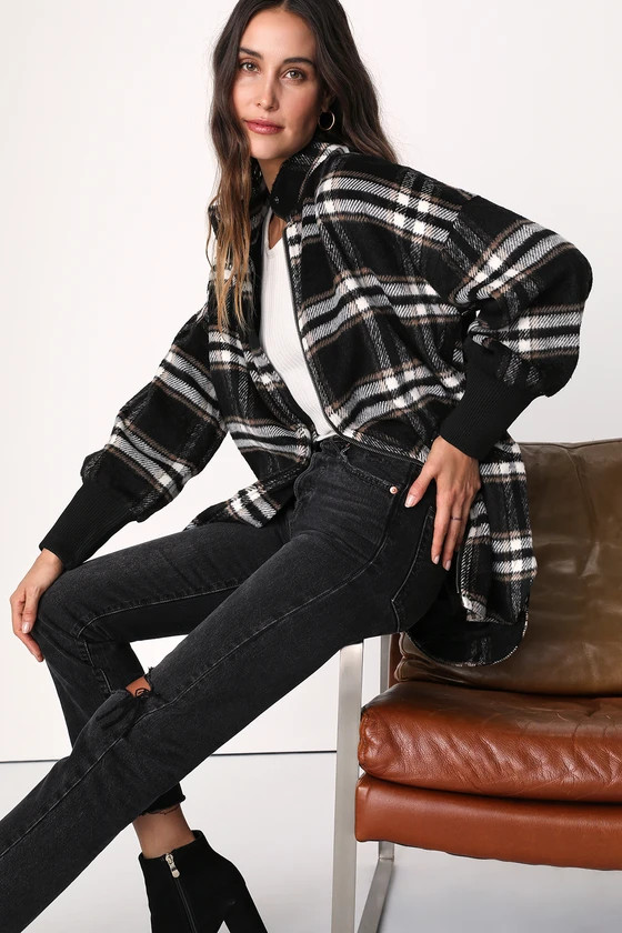 Plaid Times Black Multi Plaid Coat Plaid Shirt Outfit Black Jeans Outfit Winter Tops 2025 | Lulus
