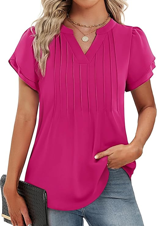 Funlingo Womens Tops Short Petal Sleeve V Neck Blouses Fashion 2026 Spring Dressy Casual Pintuck ... | Amazon (US)