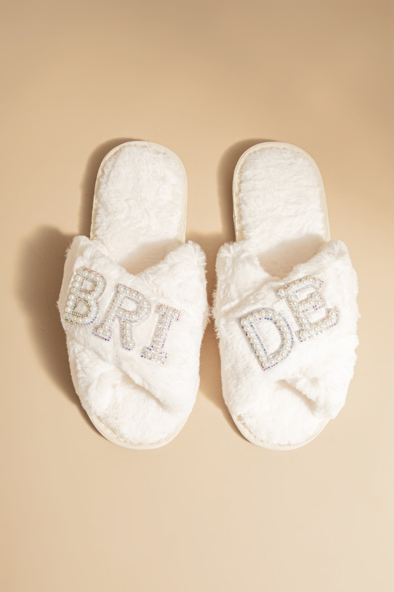Bride Pearl Embellished Fuzzy Slip Ons | Francesca's