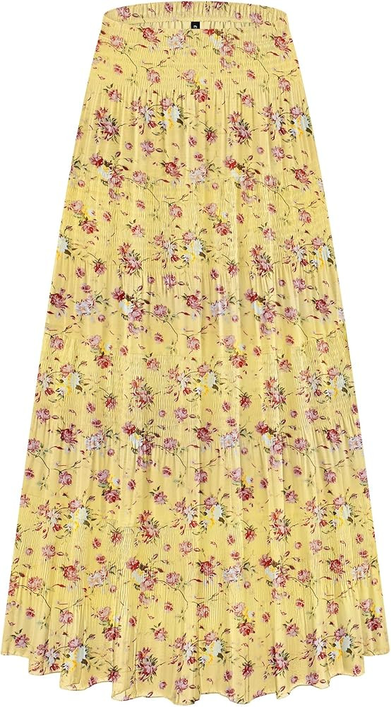 CYiNu Women's Chiffon Elastic High Waist Tiered Pleated Floral Printed A-Line Boho Long Maxi Skir... | Amazon (US)