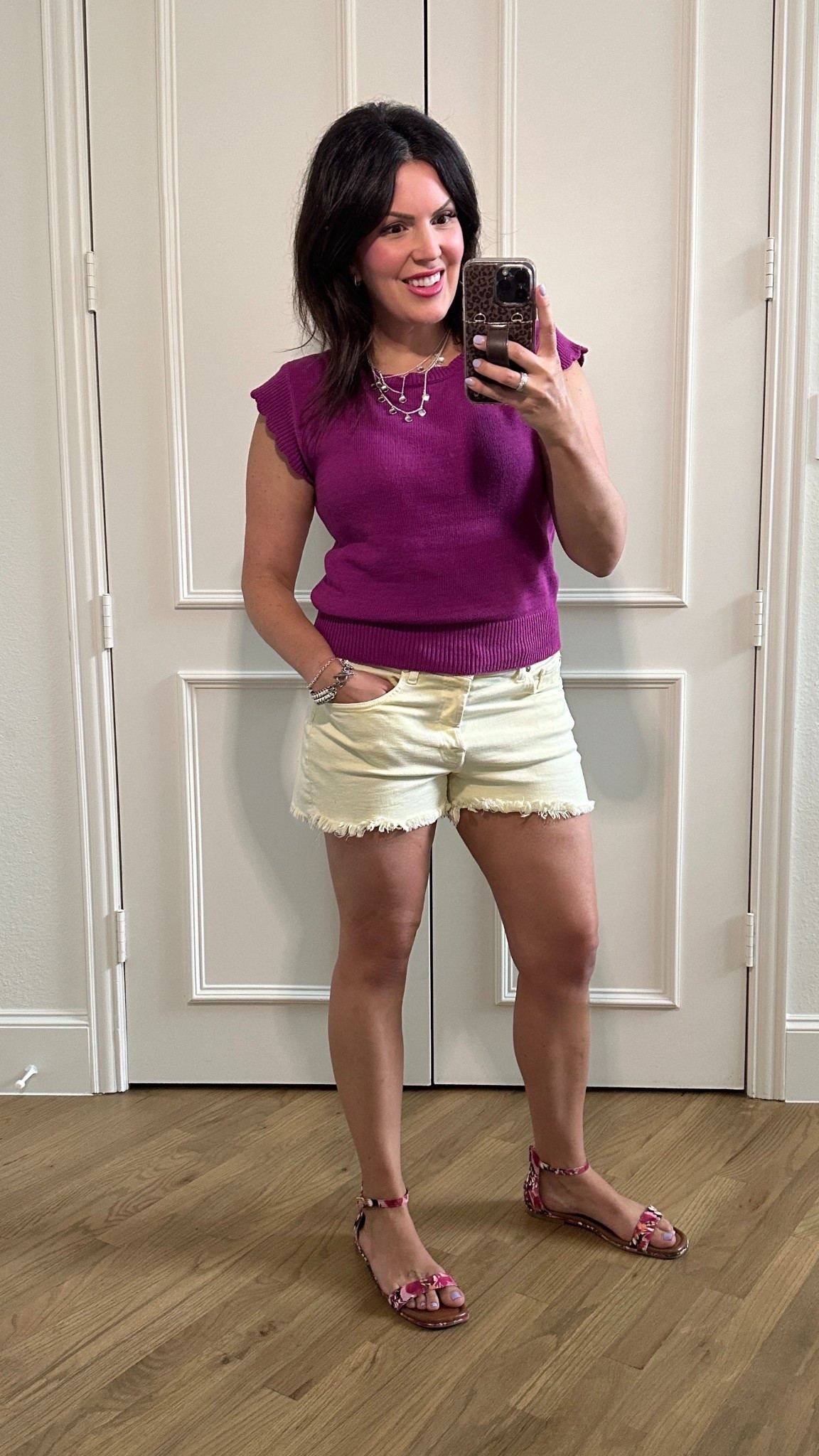 Embracing my wow colors today with plum top (old) and matching lipstick from HOC #L3. Primrose match shorts (hard to find) and pink/red sandals. Sorry, most is out of stock, but I can link similar items to achieve this fun color combo! Color season + pattern shoes for ingenue + texture in the shorts for natural + shine with pops of silver jewelry. Since the patterns and texture were minimal, I went for a bolder than usual layered necklace.  Use this formula to make a complete outfit - color, pattern, texture, shine! 

#LTKMidsize #LTKOver40 #LTKStyleTip