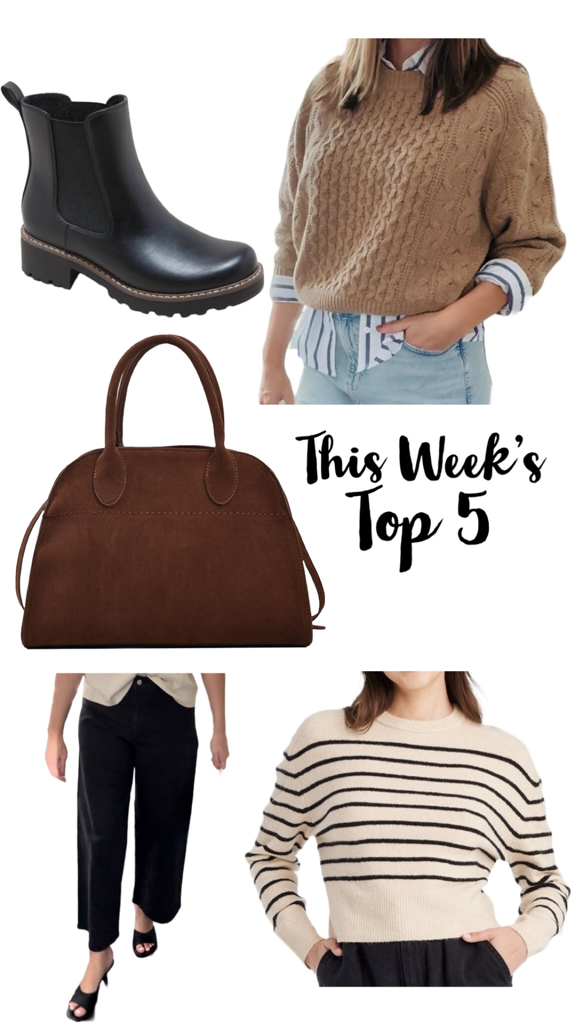 🎯 Circle Week for the win! So many good finds and great deals! These wide leg denim are less than $20 and are so good! Size up one from your regular size. This cropped striped sweater is incredibly soft and is $17. Suede purse is 50% off. Cable knit sweater has the look of cashmere and is 30% off. Chelsea boots are so cute paired with leggings. Happy Friday!

#LTKSeasonal #LTKFindsUnder50 #LTKSaleAlert