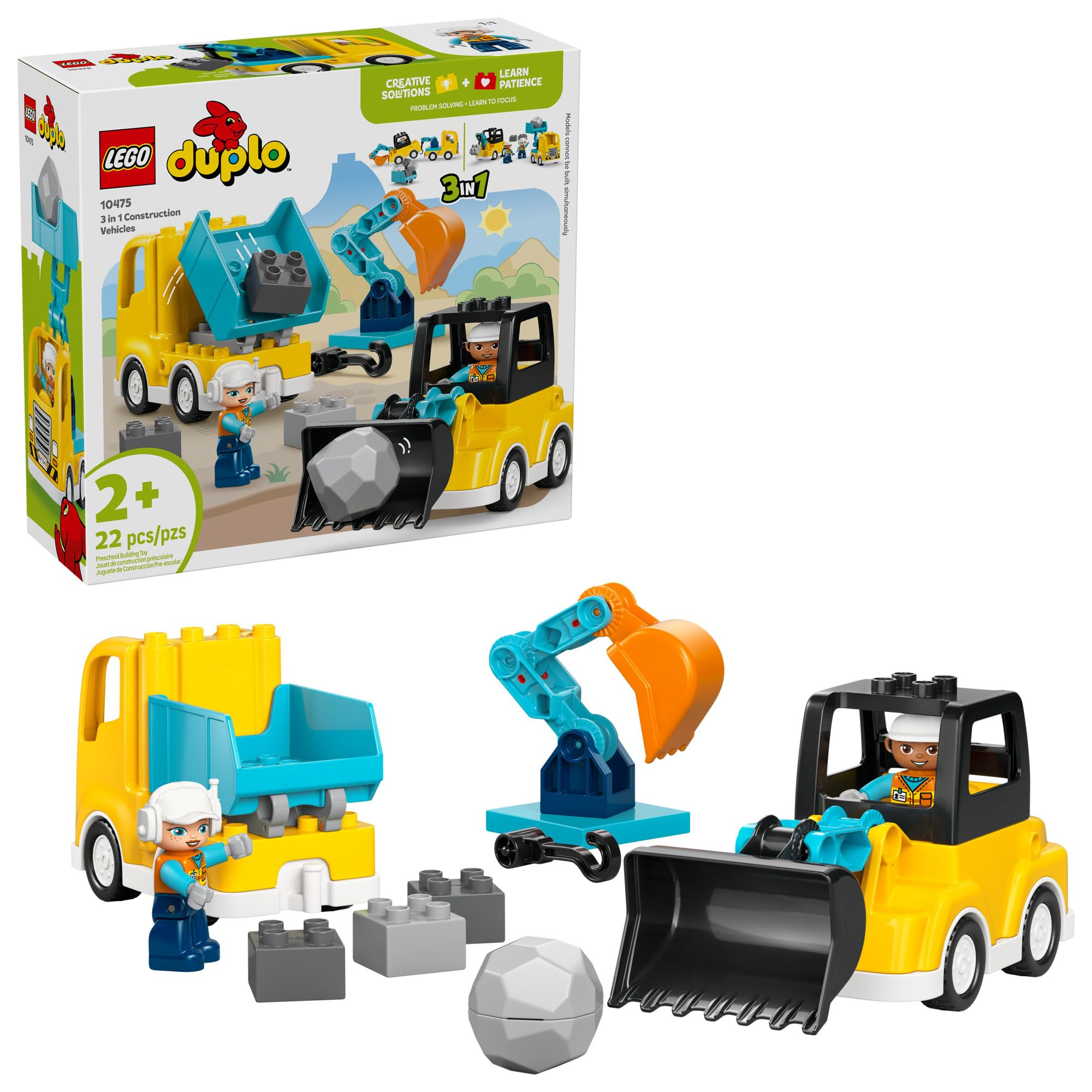 LEGO DUPLO Town 3 in 1 Construction Vehicles Toys for Toddlers - Learning & Pretend Play Set for ... | Amazon (US)