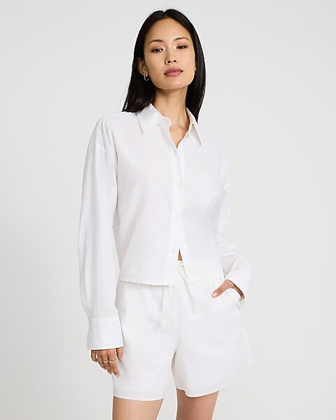 Linen-Blend Cropped Boyfriend Portofino Shirt | Express