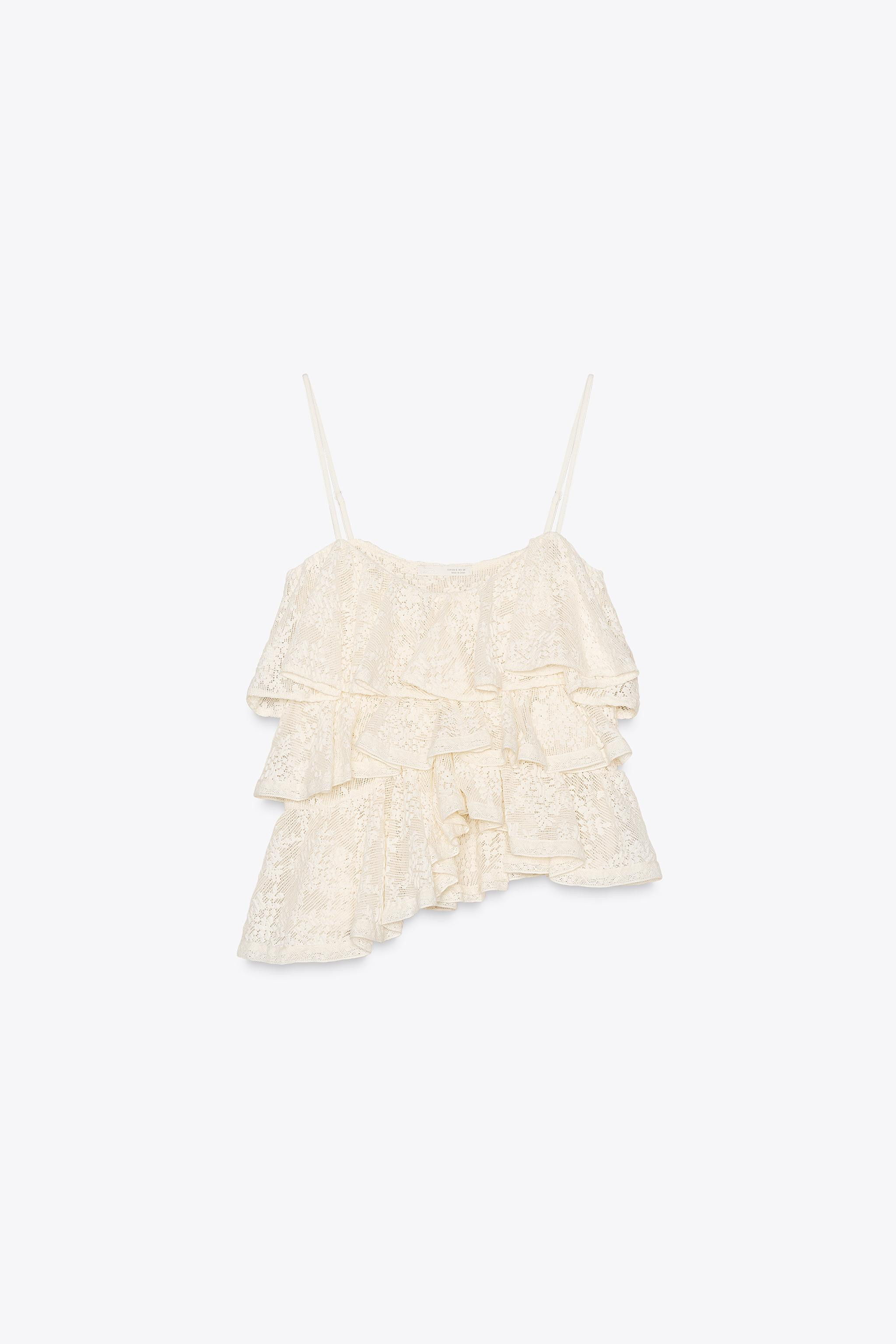 RUFFLED LACE TOP29.99 GBPEcru | 4813/344/712Put it in your basketAddRound neck top with thin adju... | Zara UK