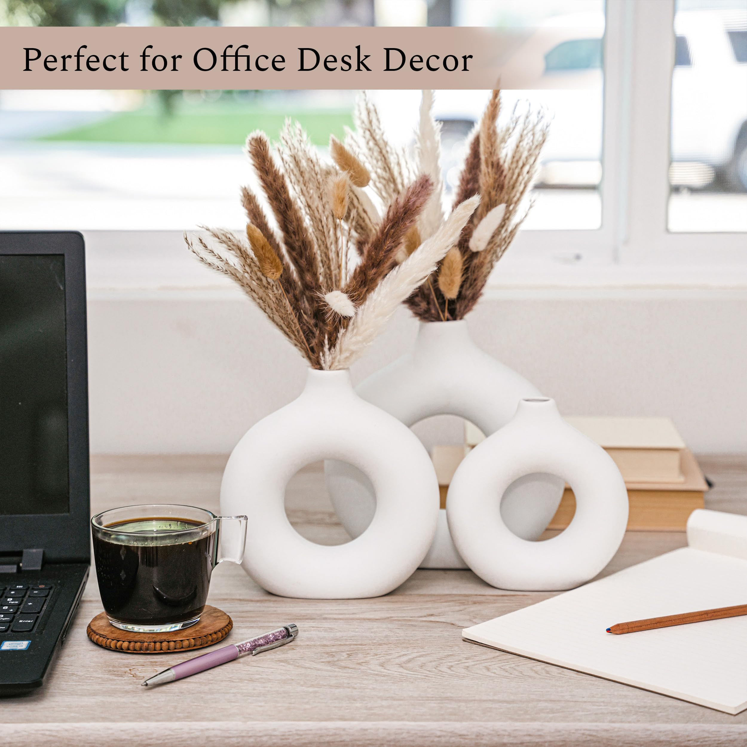 VELOVA Set of 3 White Ceramic Vase with 65 PCS Dried Pampas Grass Flowers Aesthetic Boho Modern S... | Amazon (US)