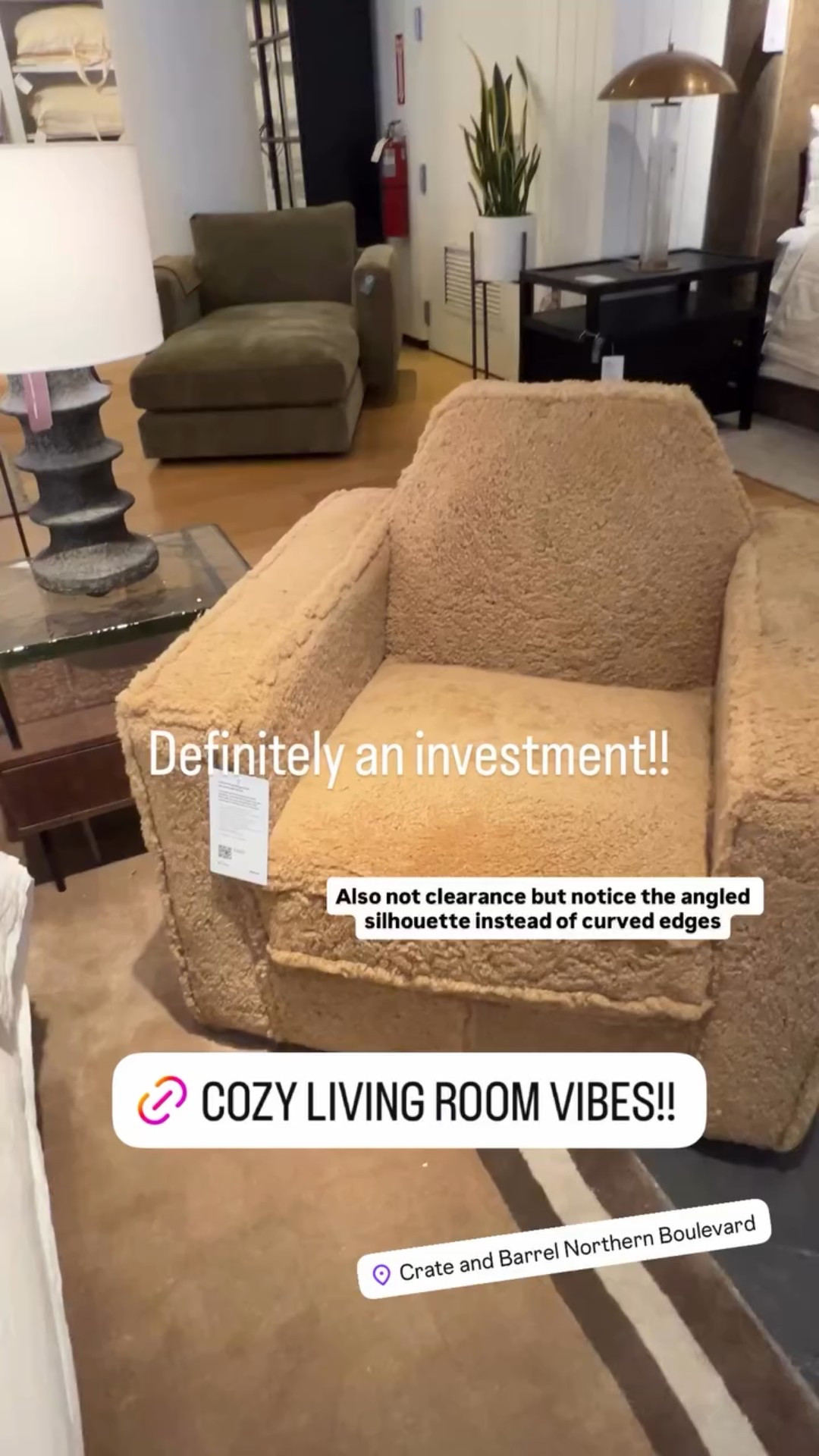 Also not clearance but notice the angled silhouette instead of curved edges Definitely an investment!! This shearling accent chair was stunning in person. 

#LTKmomlife #LTKOver40 #LTKHome