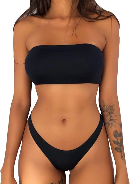 SherryDC Women's Strapless Bandeau Padded Bikini Set Brazilian High Cut Swimsuit Bathing Suit | Amazon (US)