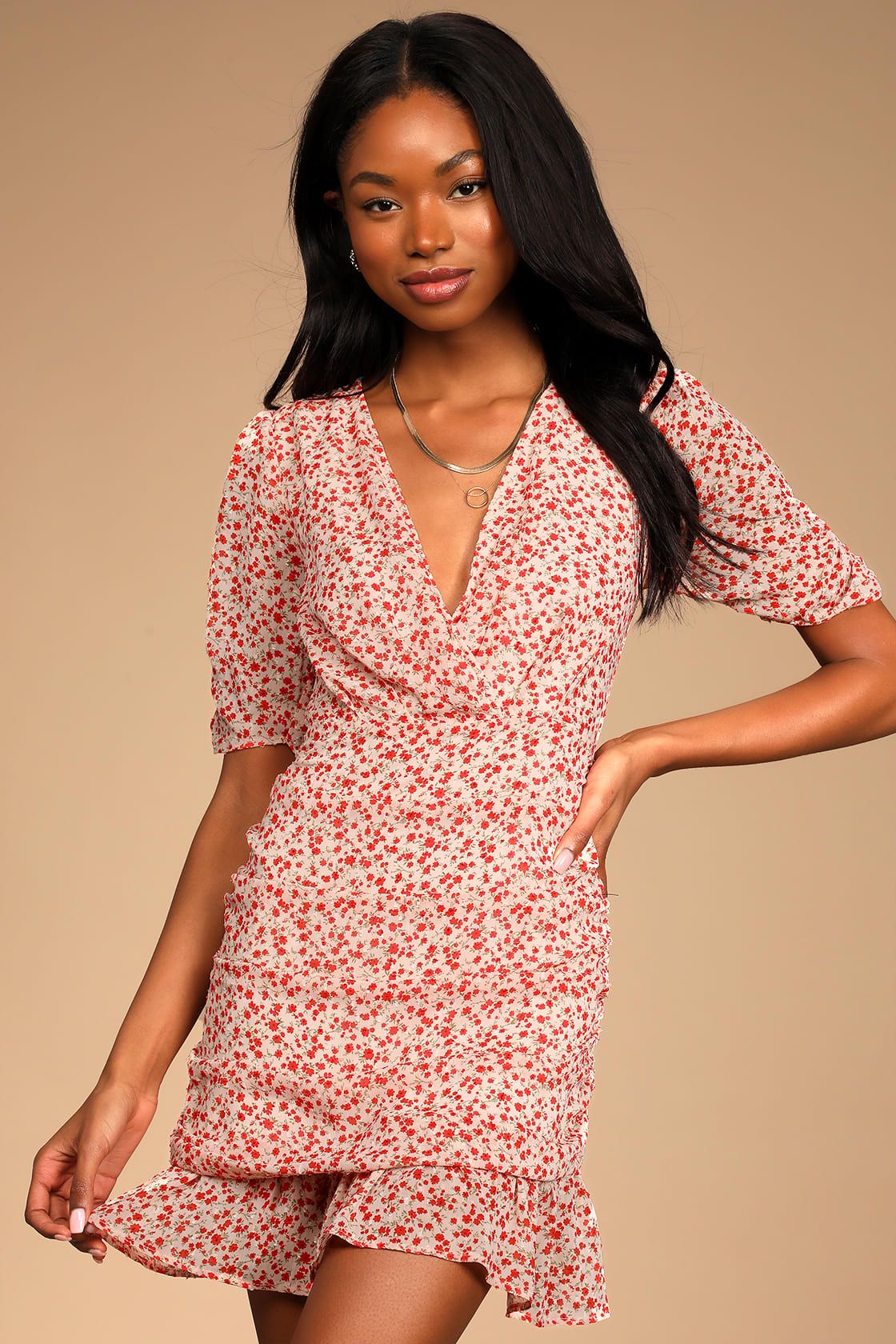 Send a Sonnet Pink Floral Print Ruched Short Sleeve Mini Dress | Lulus (US)