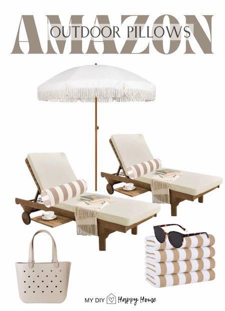 Pool side lounging 

Lounge chairs 
Fringe umbrella 
Waterproof beach bag
Cabana stripe pillows
Cabana stripe beach/pool towels
Sunglasses 

#LTKFamily #LTKSeasonal #LTKSwim