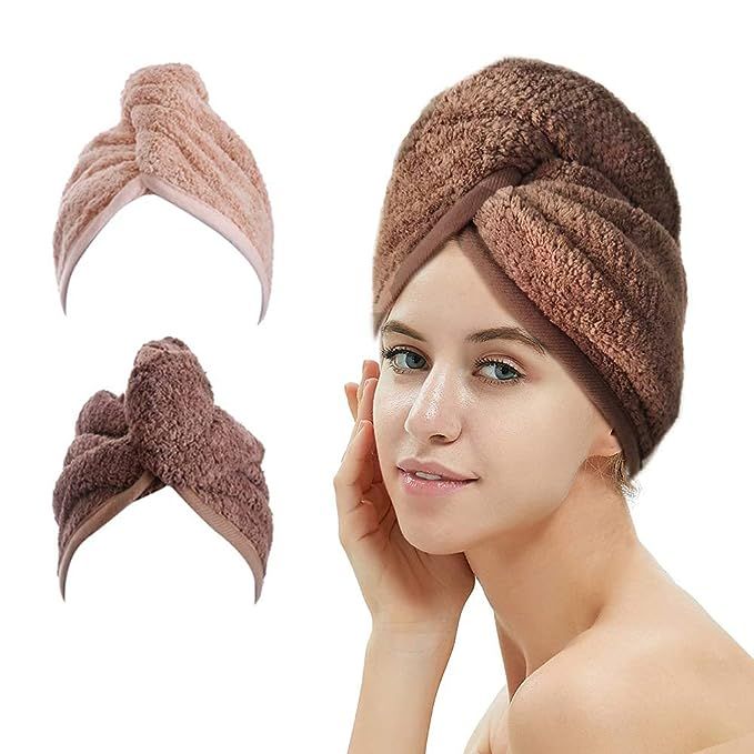 2 Pack Hair Drying Towels, Hair Wrap Towels, Super Absorbent Microfiber Hair Towel Turban with Bu... | Amazon (US)