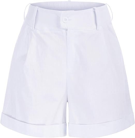 Belle Poque Women Summer Linen Shorts Elastic High Waisted Shorts with Pockets | Amazon (US)