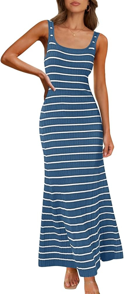 MEROKEETY Women's Sleeveless Striped Bodycon Maxi Dress Square Neck Ribbed Knitted Tank Sweater D... | Amazon (US)