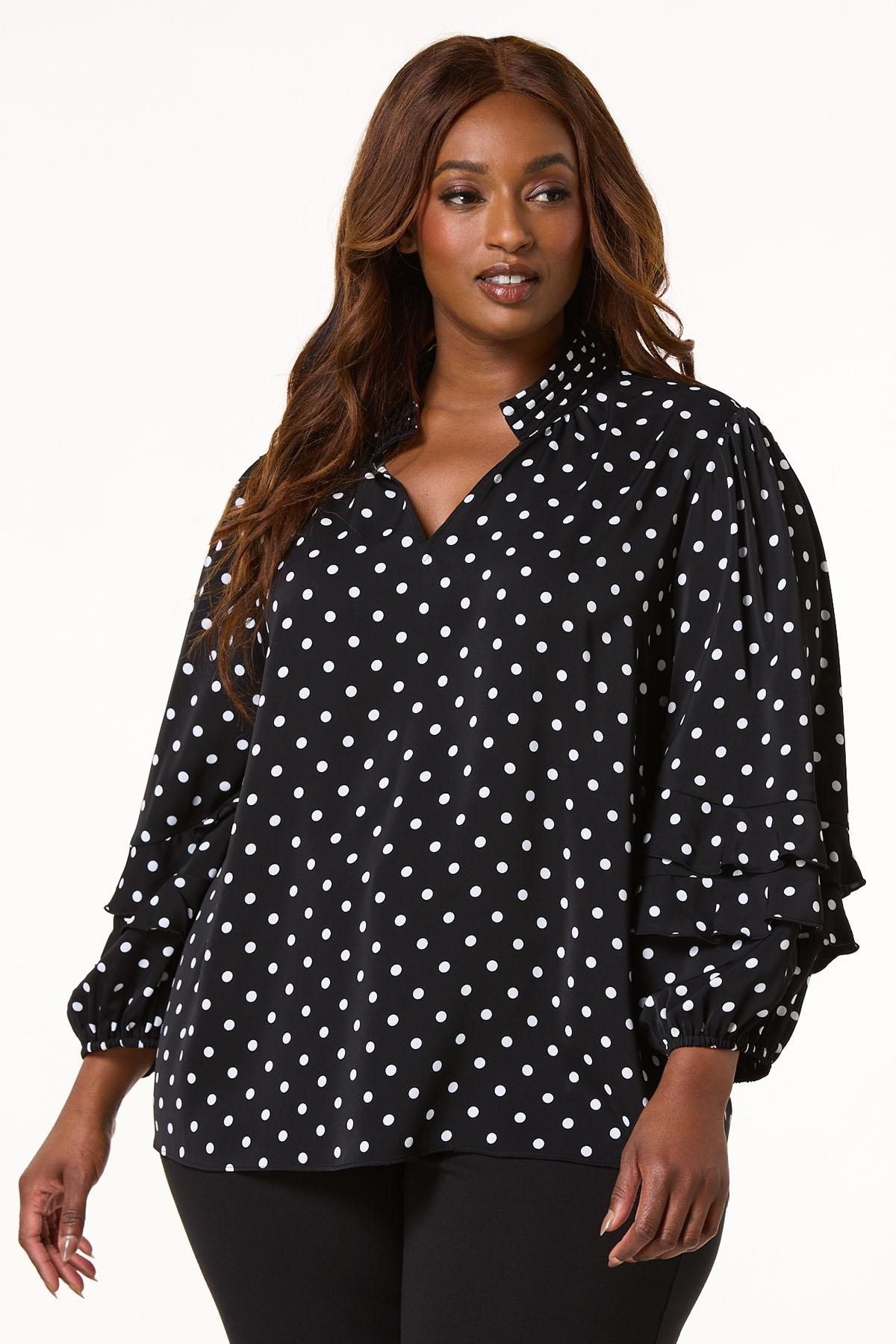 Plus Size Polka Dot Ruffled Sleeve Top - Black | Cato Fashions