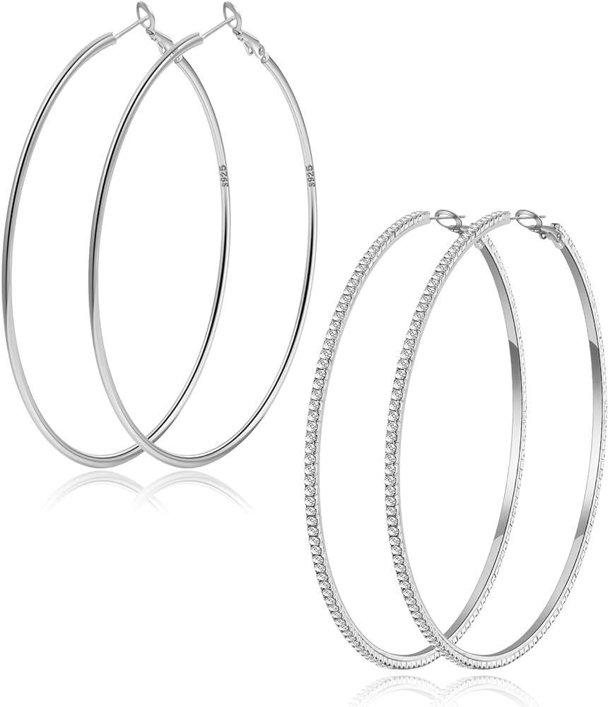Amazon.com: Sterling Silver Hoop Earrings for Women, BMMYE Big Silver Hoops With Cubic Zirconia H... | Amazon (US)